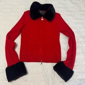 Hello Kitty & Friends x Forever 21 Red Fuzzy Collar Ribbed Zip Up Top